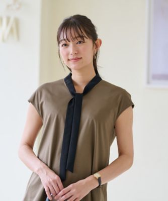 洗える　バイカラーボウタイフレンチスリーブトップス