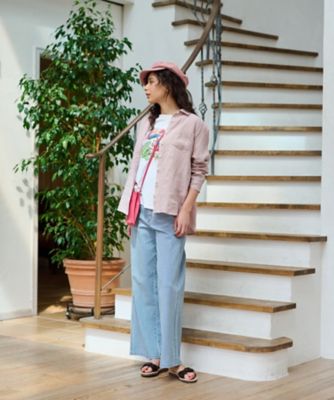 洗える　後ろウエストゴム　ヒッコリーのワイドパンツ