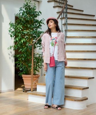 洗える　後ろウエストゴム　ヒッコリーのワイドパンツ
