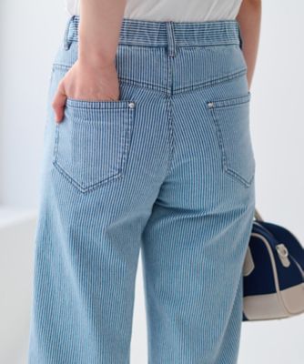 洗える　後ろウエストゴム　ヒッコリーのワイドパンツ