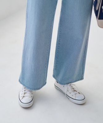 洗える　後ろウエストゴム　ヒッコリーのワイドパンツ