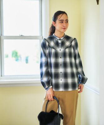 美品✨現行 45R インドカディ バンドカラー ブラウス チェック シャツ チェックバンドカラーブラウス | CARA O CRUZ (Women)/キャラ・オ