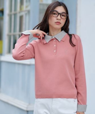 ＜CARA O CRUZ (Women)＞洗える　ストライプ襟＆カフス付きポロニット