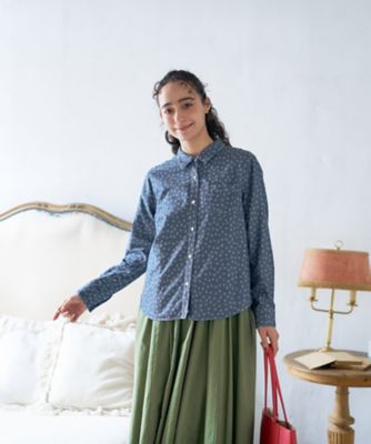 オリーブ柄　cotton　ブラウス プルオーバーブラウス 綿トップWガーゼ | シャツBLナガソデ