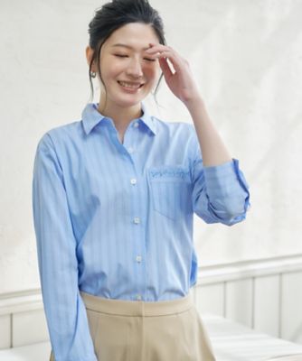 極美品 45R カノコオックスフォードシャツ ブルーストライプ 3 R刺繍 刺繍ストライプシャツ | CARA O CRUZ (Women)/キャラ・オ・クルス
