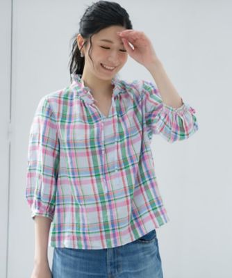 ＜CARA O CRUZ (Women)＞洗える　麻のフリルタイ　マドラスチェックブラウス【ＳＯＭＥＬＯＳ】