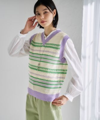 ＜CARA O CRUZ (Women)＞Ｖネック　マルチボーダーニットベスト【ＣｏＣ　ｂｙ　ＣＡＲＡ　Ｏ　ＣＲＵＺ】