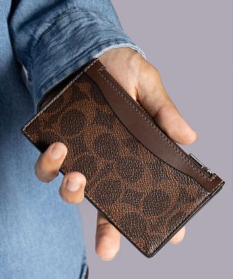 COACH/コーチ ジップ カード ケース シグネチャー キャンバス BROWN 名刺入れ【三越伊勢丹/公式】