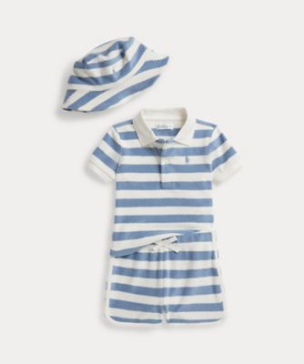 ストライプド テリー ポロシャツ、ショートパンツ ＆ ハット