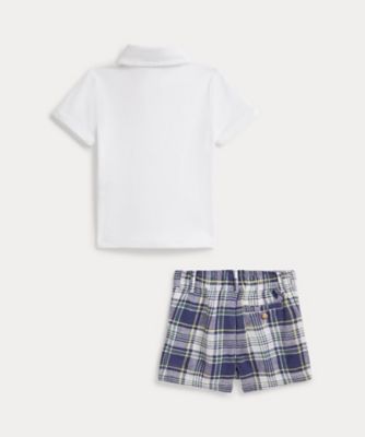 コットン ポロシャツ ＆ チェック リネン ショートパンツ 