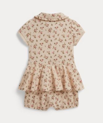 フローラル ストレッチ メッシュ ペプラム ポロ ショートオール 