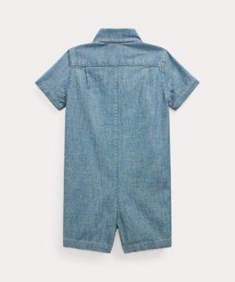 インディゴ コットン シャンブレー ショートオール