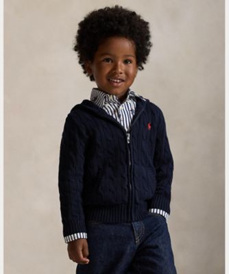 ケーブル コットン フーデッド フルジップ セーター