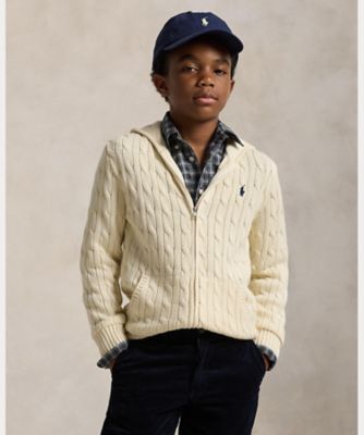 ケーブル コットン フーデッド フルジップ セーター