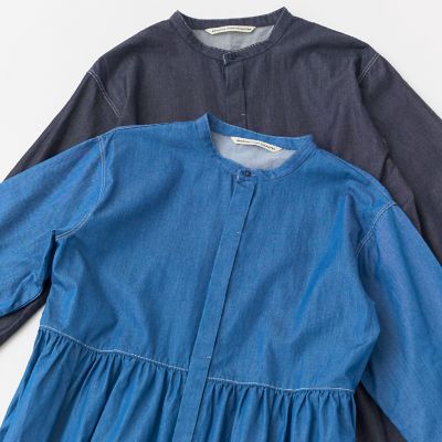 グランマママドーター　バンドカラー　シャツワンピース 4OZデニム バンドカラーギャザーワンピース | GRANDMA MAMA
