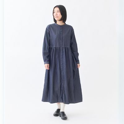 4OZデニム バンドカラーギャザーワンピース | GRANDMA MAMA