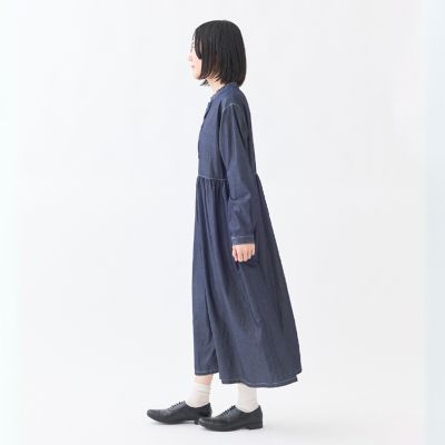 グランマママドーター　バンドカラー　シャツワンピース 4OZデニム バンドカラーギャザーワンピース | GRANDMA MAMA