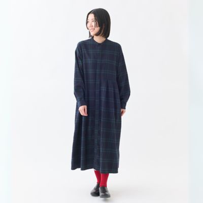 377 グランマママドーター コットン 七分袖 ワンピース ネイビー 紺 コットンシルクアシメタックバンドカラーワンピース | GRANDMA