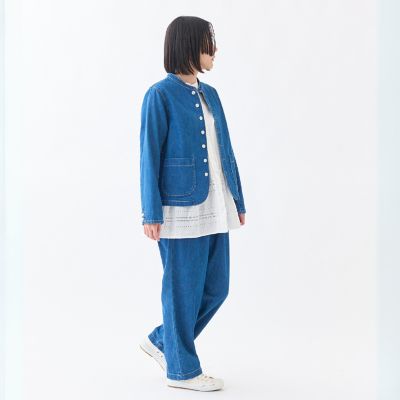 グランマママドーター デニム ノーカラー ジャケット ネイビー 8OZデニム スタンドカラージャケット | GRANDMA MAMA