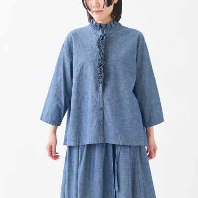 GRANDMA MAMA DAUGHTER◆長袖ブラウス/0/コットン/BLU/ストライプ/GBS410 GRANDMA MAMA DAUGHTER(グランマママドーター) / 長袖ブラウス/0
