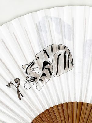 墨手描き扇子　母子猫