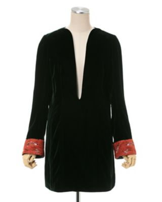 Embroidered Velvet Plunge Mini Dress