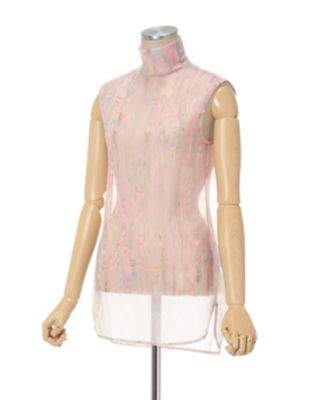 Marble Print Sheer Jersey High Neck Top