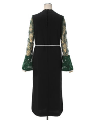 mame 19ss Embroidery Cuffs V-Neck Dressblack