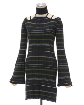 未使用 マメクロゴウチ チョーカー付き ランダム リブ チェックニットドレス 1 Mame Kurogouchi(マメ クロゴウチ)】 Random Ribbed Plaid