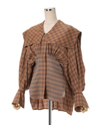 未使用 マメクロゴウチ リネンミックス オンブチェックセーラーカラーブラウス 1 Mame Kurogouchi(マメ) Linen Mix Ombre Check Sailor Collar