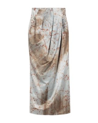 ＜Mame Kurogouchi (Women)＞Ｓｉｌｋ　Ｗｏｏｌ　Ｓａｔｉｎ　Ｈａｎｄ　Ｐａｉｎｔｅｄ　Ｔｕｃｋｅｄ　Ｗａｉｓｔ　Ｓｋｉｒｔ