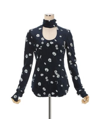 横長族〆まるお Velour Jersey Floral High Neck Top