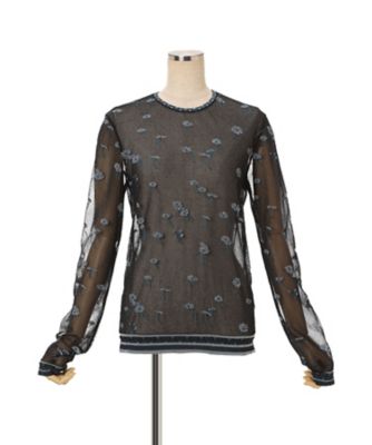 マメクロゴウチ　長袖トップス Floral Pattern Long Sleeve Sheer