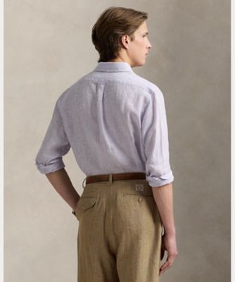 ラルフローレンスポーツ　長袖シャツ　 ストライプ　リネン混　ネイビー　Mサイズ ローレン ラルフ ローレン LAUREN RALPH LAUREN リラックスド