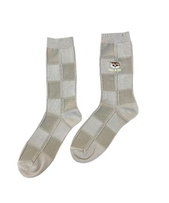 靴下おまとめ】ブロックチェックヌネット刺繍柄 クルー丈ソックス