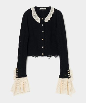 tanaka daisuke (Women)/タナカダイスケ 【受注商品】ｒｉｂｂｏｎ　ｐａｔｔｅｒｎ　ｆｒｉｌｌｅｄ　ｓｌｅｅｖｅ　ｋｎｉｔ　ｃａｒｄｉｇａｎ　ＴＤー２５ＡＷーＫＮ５１