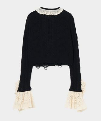 【受注商品】ｒｉｂｂｏｎ　ｐａｔｔｅｒｎ　ｆｒｉｌｌｅｄ　ｓｌｅｅｖｅ　ｋｎｉｔ　ｃａｒｄｉｇａｎ　ＴＤー２５ＡＷーＫＮ５１