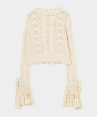 【受注商品】ｒｉｂｂｏｎ　ｐａｔｔｅｒｎ　ｆｒｉｌｌｅｄ　ｓｌｅｅｖｅ　ｋｎｉｔ　ｃａｒｄｉｇａｎ　ＴＤー２５ＡＷーＫＮ５１