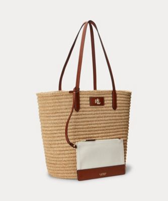 ポーチ付き【Ralph Lauren】レザートリム ストロートートバッグ レザートリム ストロー ラージ Brie トート バッグ | LAUREN