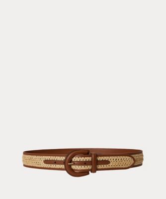 新品 LAUREN RALPH LAUREN ゴールドバックル 牛革ベルト クレセントバックル ストローレザー ワイド ベルト