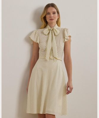 ポルカドット ベルテッド クレープ タイネック ドレス