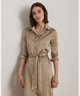 DT☆Intrend「1OBLATO」サテン製シャツドレス ジオプリント サテン シャルムーズ シャツドレス