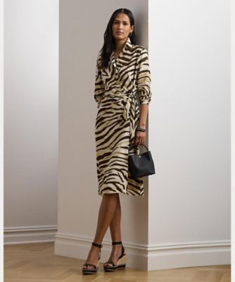 【Karen Millen】 配色クレープ シャツドレス ゼブラプリント タイフロント クレープ シャツドレス