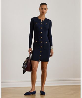 ボタントリム リブニット セーター ドレス