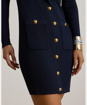 ボタントリム リブニット セーター ドレス