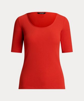 LAUREN RALPH LAUREN (Women)/ローレン ラルフ ローレン リブニット コットンブレンド エルボースリーブ Tシャツ WMLRKNIS5020134 600レッド トップス【三越伊勢丹/公式】
