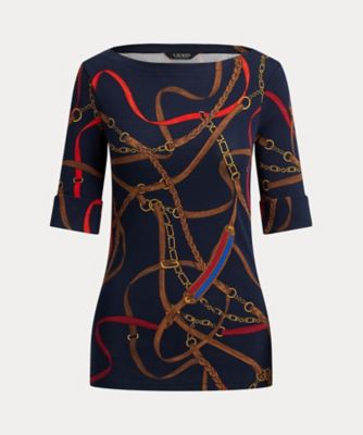 ベルティングプリント コットン ボートネック Tシャツ