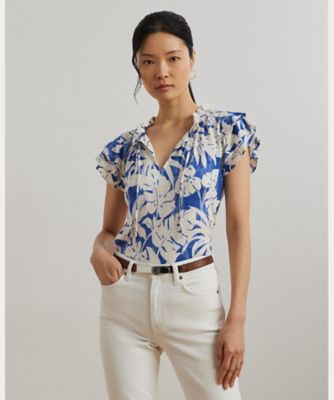 パームフロンドプリント ジャージー タイネック トップス