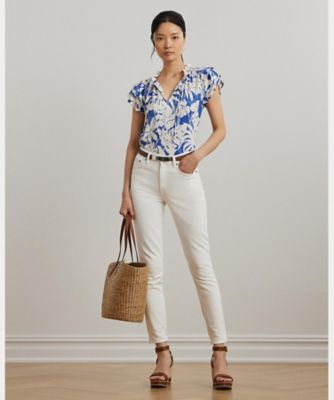 パームフロンドプリント ジャージー タイネック トップス