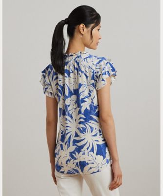 パームフロンドプリント ジャージー タイネック トップス